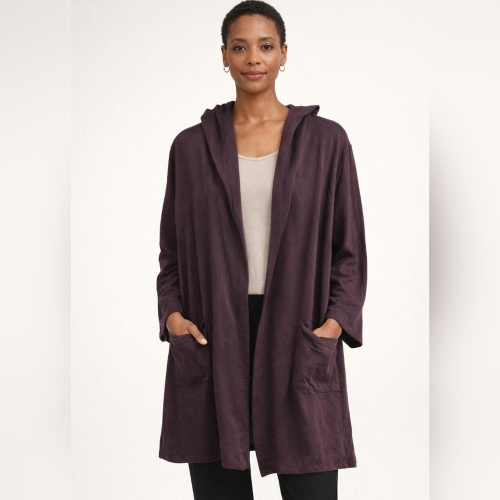 Eileen Fisher Cardigan Women's PL Eggplant Long Hooded Open Front Duster Soft